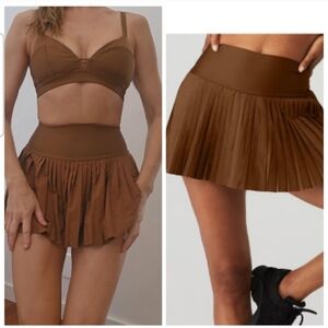 Alo Yoga SET Connamon Brown Mesh Monogrammed Bra Top S + GS Skirt Xs